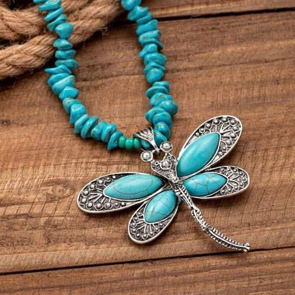 Vintage Western style Cowboy Inspired Turquoise Dragonfly Beads Necklace Pendant - Picture 2 of 12